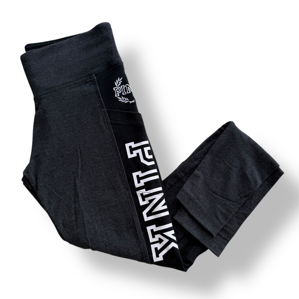 PINK Victoria's Secret Yoga XS Charcoal Grey Black Side Pocket Logo Leggings Y2K